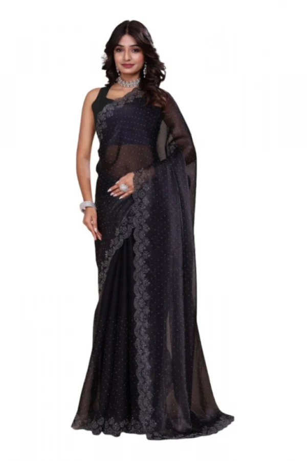 Women's Jimmy choo Embellished Bollywood Saree With Unstitched Blouse 5.5Mtr (Black)