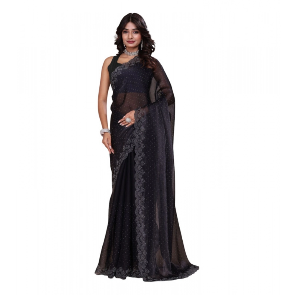 BSB178-SAZYYYmych-1-Blk-Main-1000x1000-1.webp Women's Jimmy choo Embellished Bollywood Saree With Unstitched Blouse 5.5Mtr (Black) - Image 1