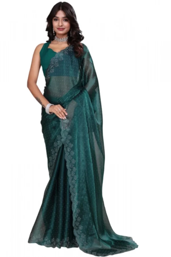 Women's Jimmy choo Embellished Bollywood Saree With Unstitched Blouse 5.5Mtr (Green)