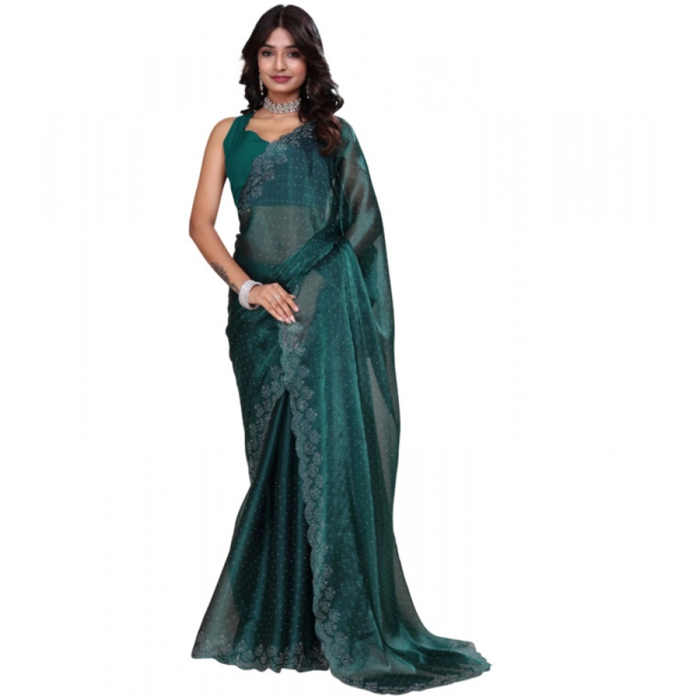 BSB178-SAZYYYmych-1-Grn-Main-1000x1000-1.webp Women's Jimmy choo Embellished Bollywood Saree With Unstitched Blouse 5.5Mtr (Green) - Image 1