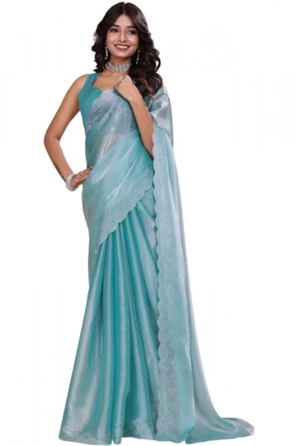 Women's Jimmy choo Embellished Bollywood Saree With Unstitched Blouse 5.5Mtr (Light Blue)