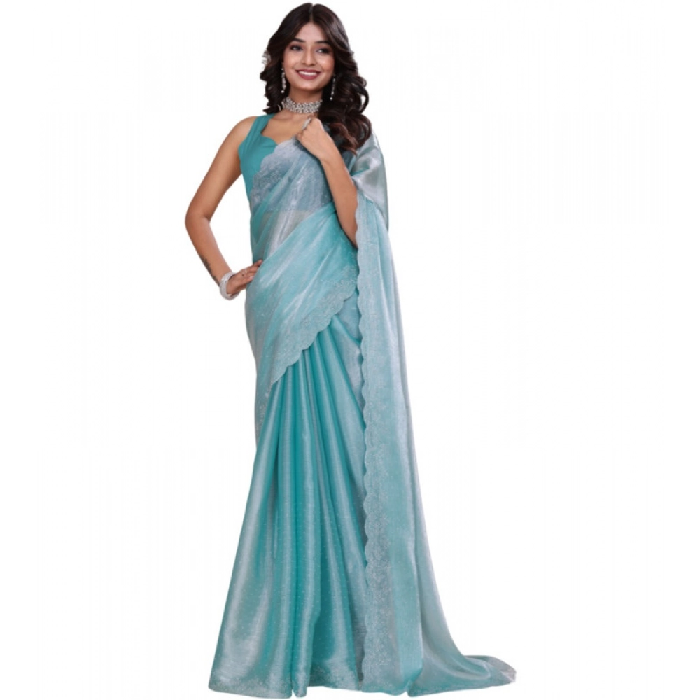 BSB178-SAZYYYmych-1-Lht-Ble-Main-1000x1000-1.webp Women's Jimmy choo Embellished Bollywood Saree With Unstitched Blouse 5.5Mtr (Light Blue) - Image 1