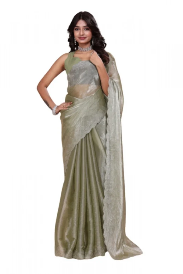 Women's Jimmy choo Embellished Bollywood Saree With Unstitched Blouse 5.5Mtr (Light Green)