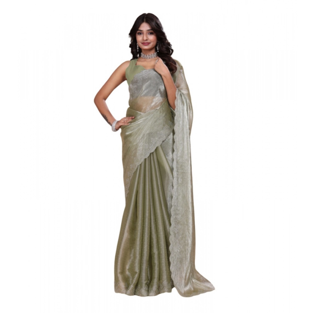 BSB178-SAZYYYmych-1-Lht-Grn-Main-1000x1000-1.webp Women's Jimmy choo Embellished Bollywood Saree With Unstitched Blouse 5.5Mtr (Light Green) - Image 1