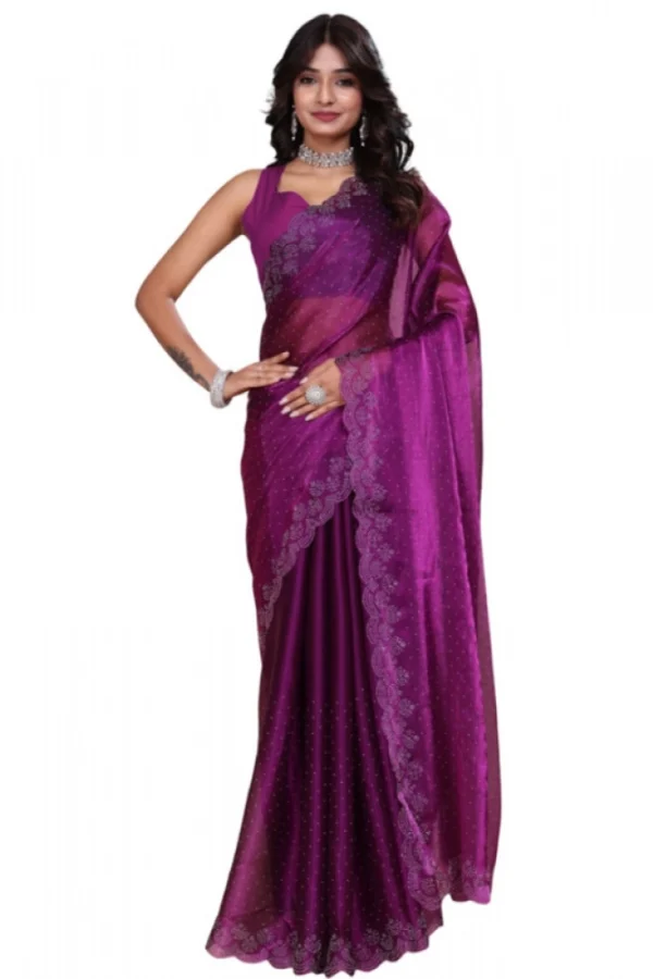 Women's Tissue Pure Silk Embellished Bollywood Saree With Unstitched Blouse 5.5Mtr (Purple)