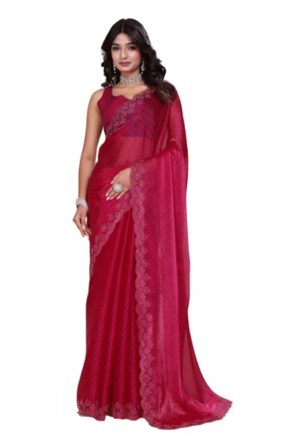 Women's Jimmy choo Embellished Bollywood Saree With Unstitched Blouse 5.5Mtr (Red)