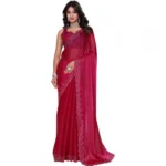 Women's Jimmy choo Embellished Bollywood Saree With Unstitched Blouse 5.5Mtr (Red) - Image 2