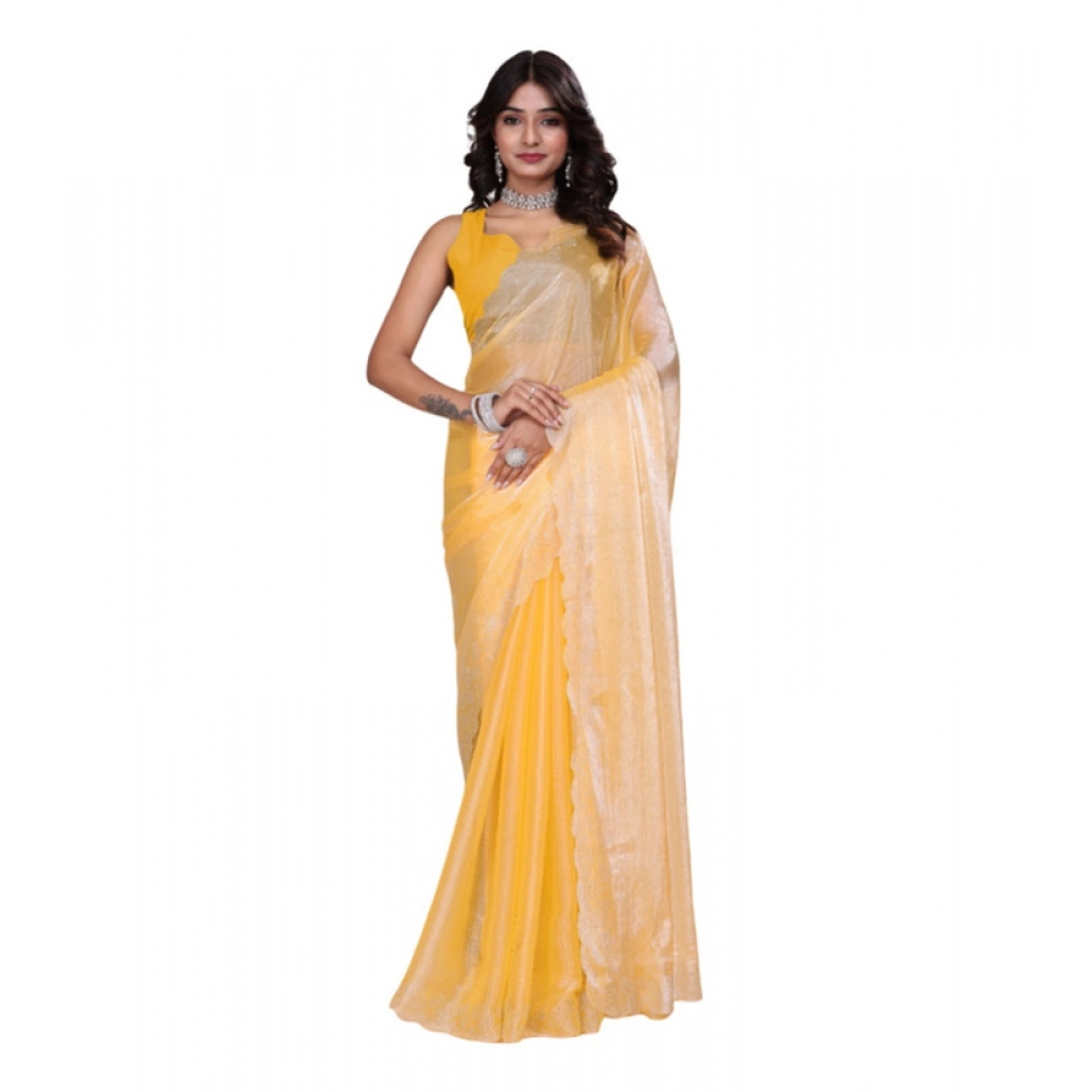 BSB178-SAZYYYmych-1-Ylow-Main-1000x1000-1.webp Women's Tissue Pure Silk Embellished Bollywood Saree With Unstitched Blouse 5.5Mtr (Yellow) - Image 1