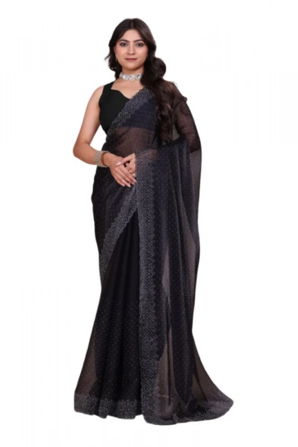 Women's Jimmy choo Embellished Bollywood Saree With Unstitched Blouse 5.5Mtr (Black)