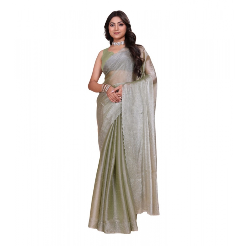 BSB178-SAZYYYmych-2-Lht-Grn-Main-1000x1000-1.webp Women's Jimmy choo Embellished Bollywood Saree With Unstitched Blouse 5.5Mtr (Light Green) - Image 1
