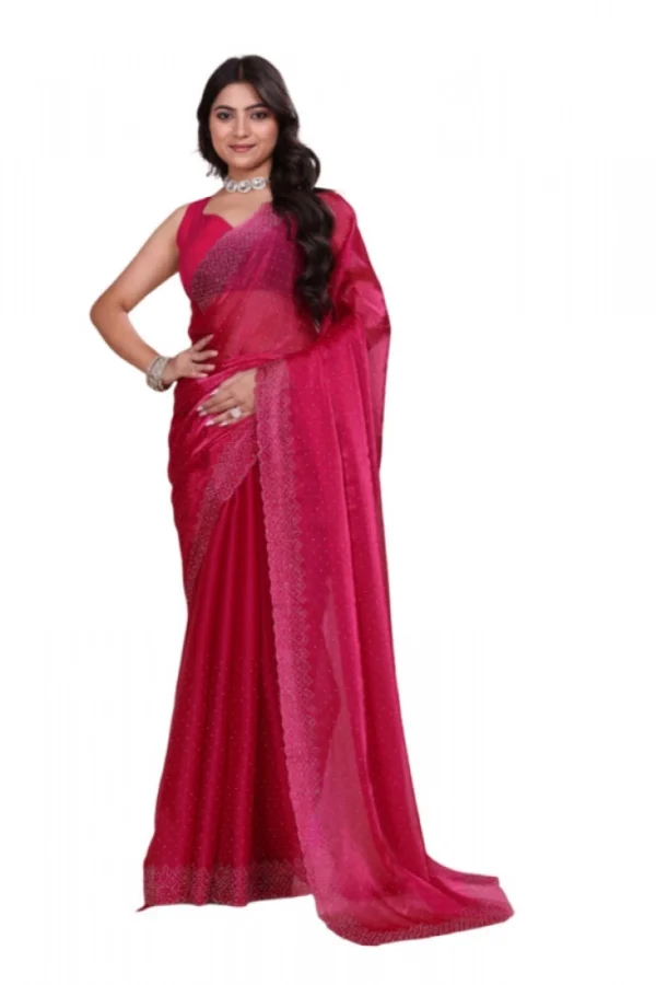 Women's Jimmy choo Embellished Bollywood Saree With Unstitched Blouse 5.5Mtr (Red)