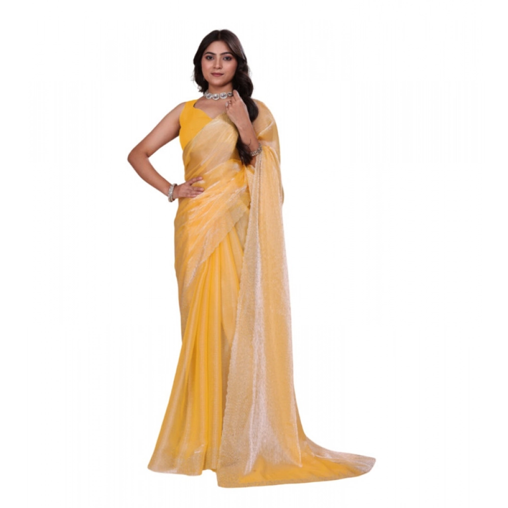 BSB178-SAZYYYmych-2-Ylow-Main-1000x1000-1.webp Women's Jimmy choo Embellished Bollywood Saree With Unstitched Blouse 5.5Mtr (Yellow) - Image 1