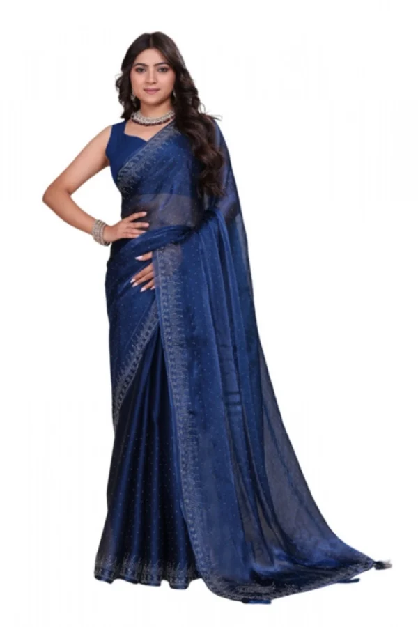 Women's Jimmy choo Embellished Bollywood Saree With Unstitched Blouse 5.5Mtr (Blue)