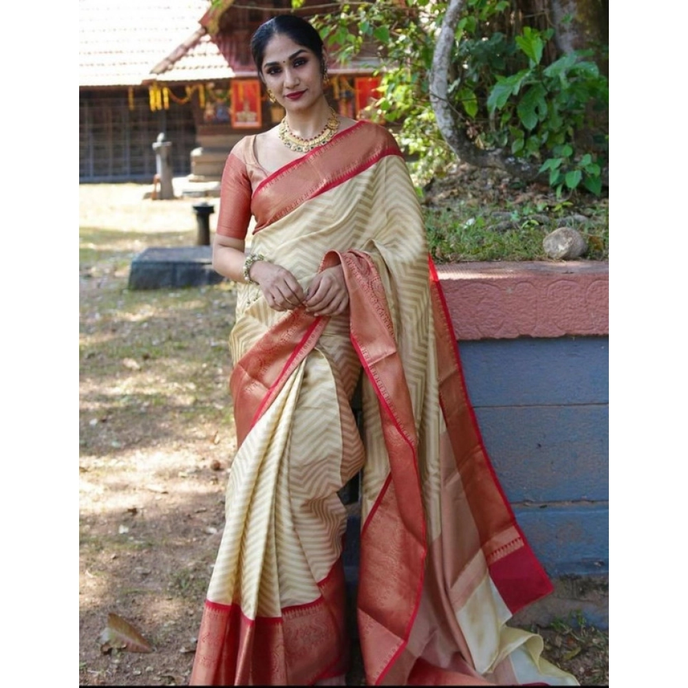 BSB233-SASYYYH-4016-BEIGE-Main-1000x1000-1.webp Women's Litchi silk Printed Saree With Unstitched Blouse (Beige) - Image 1