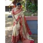 Women's Litchi silk Printed Saree With Unstitched Blouse (Beige) - Image 2
