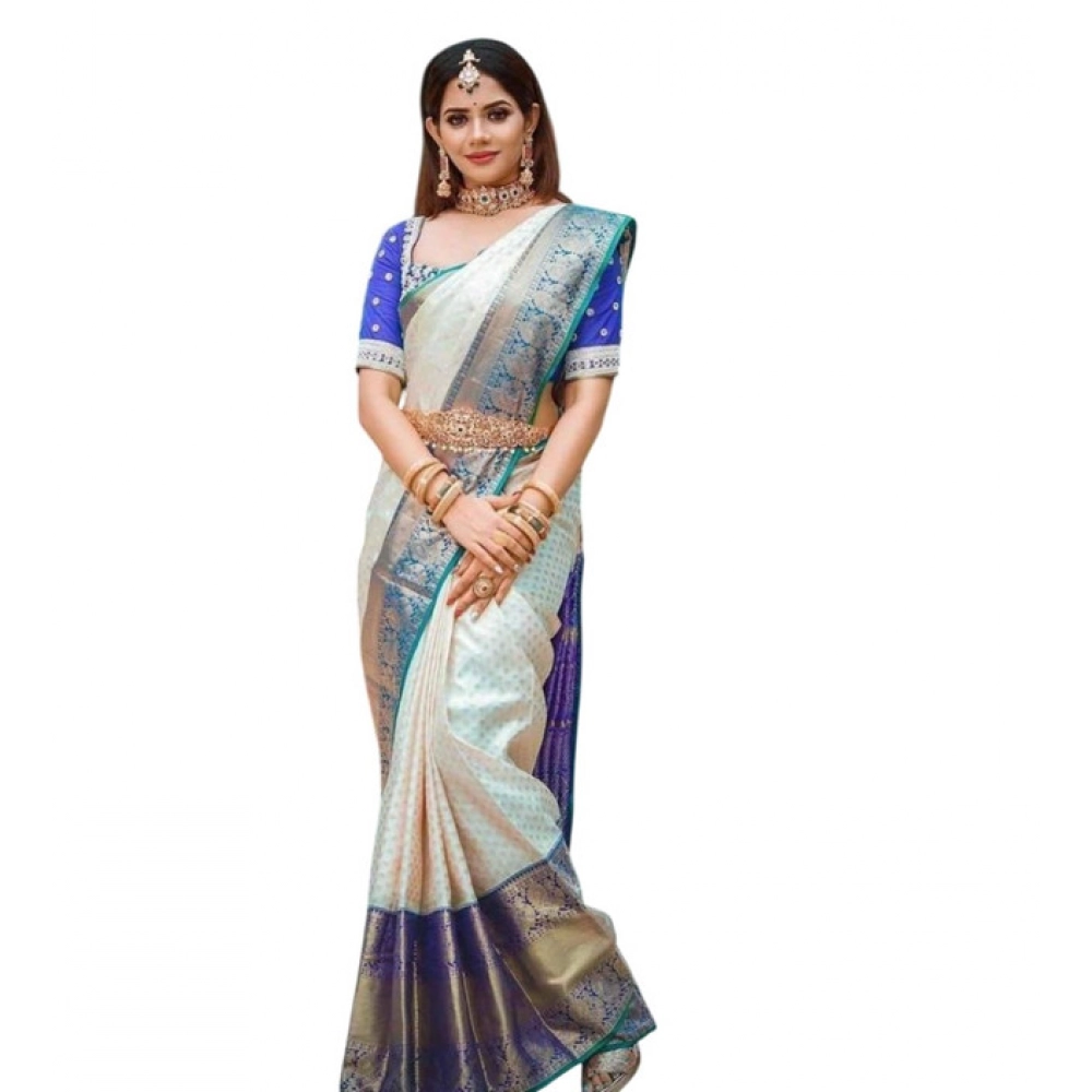BSB233-SASYYYH-4026-OFFWHITE-Main-1000x1000-1.webp Women's Litchi silk Printed Saree With Unstitched Blouse (Off White) - Image 1