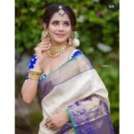 Women's Litchi silk Printed Saree With Unstitched Blouse (Off White) - Image 3