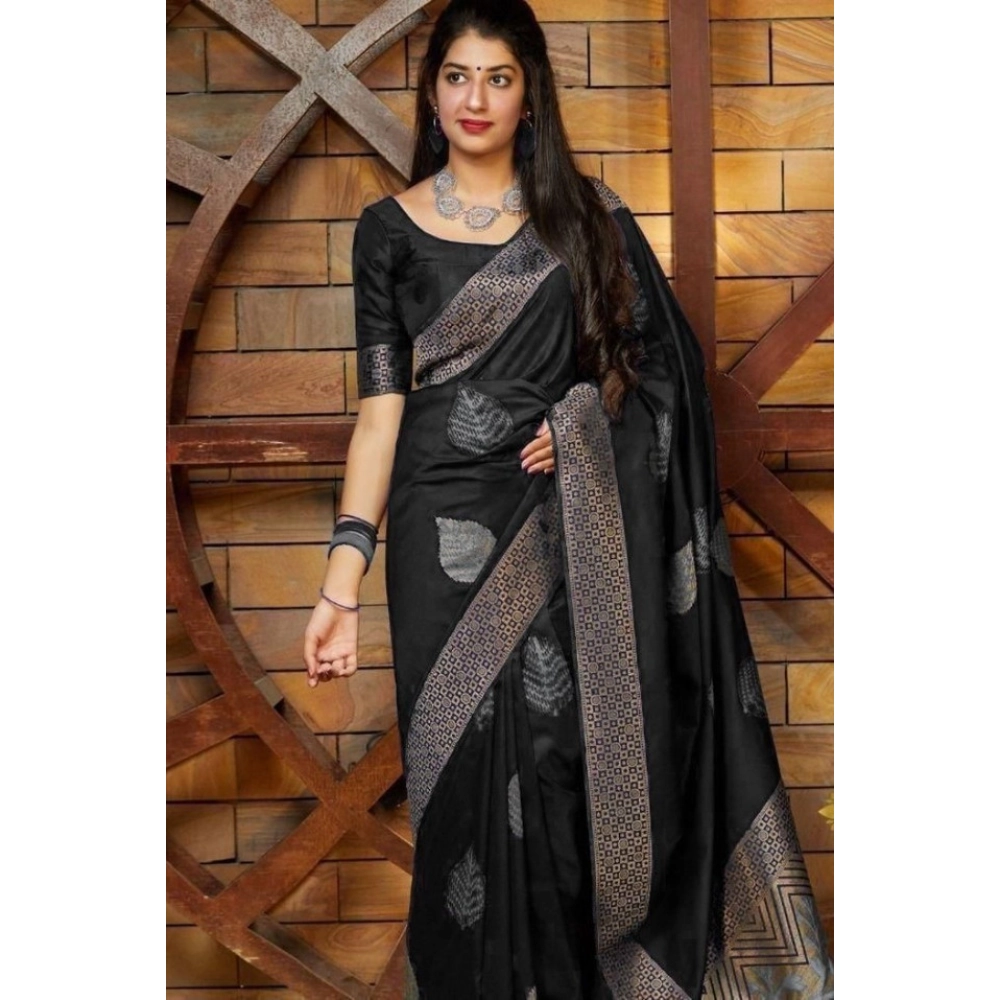 BSB233-SASYYYH-4027-BLACK-Main-1000x1000-1.webp Women's Litchi silk Printed Saree With Unstitched Blouse (Black) - Image 1