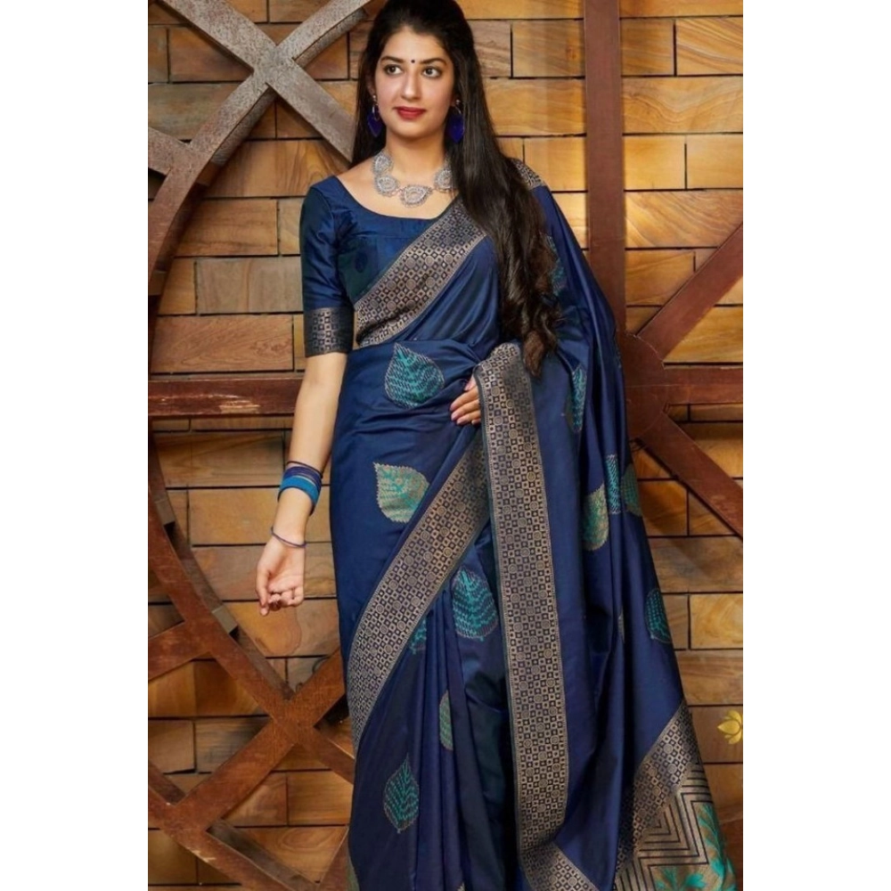 BSB233-SASYYYH-4027-BLUE-Main-1000x1000-1.webp Women's Litchi silk Printed Saree With Unstitched Blouse (Blue) - Image 1