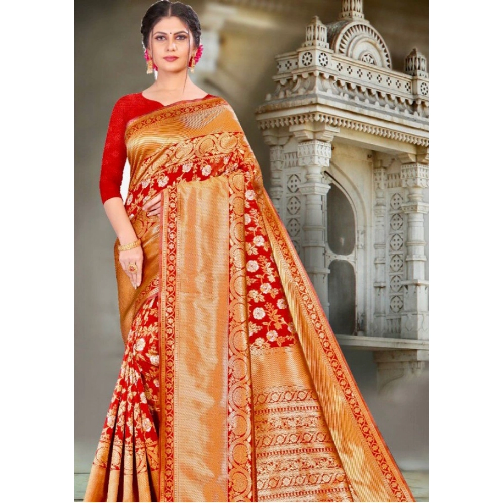 BSB233-SASYYYH-4034-RED-Main-1000x1000-1.webp Women's Litchi silk Printed Saree With Unstitched Blouse (Red) - Image 1