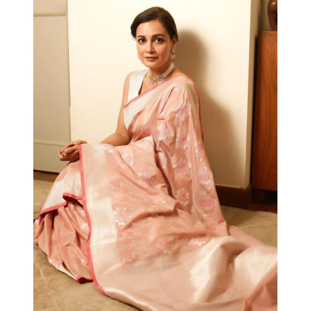BSB233-SASYYYH-4042-PEACH-Main-1000x1000-1.webp Women's Litchi silk Printed Saree With Unstitched Blouse (Peach) - Image 1
