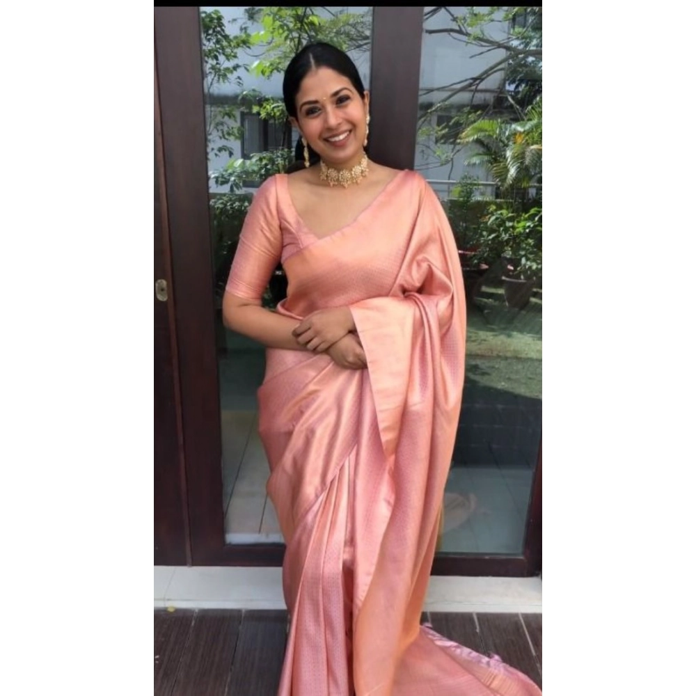 BSB233-SASYYYH-4043-PEACH-Main-1000x1000-1.webp Women's Litchi silk Printed Saree With Unstitched Blouse (Peach) - Image 1