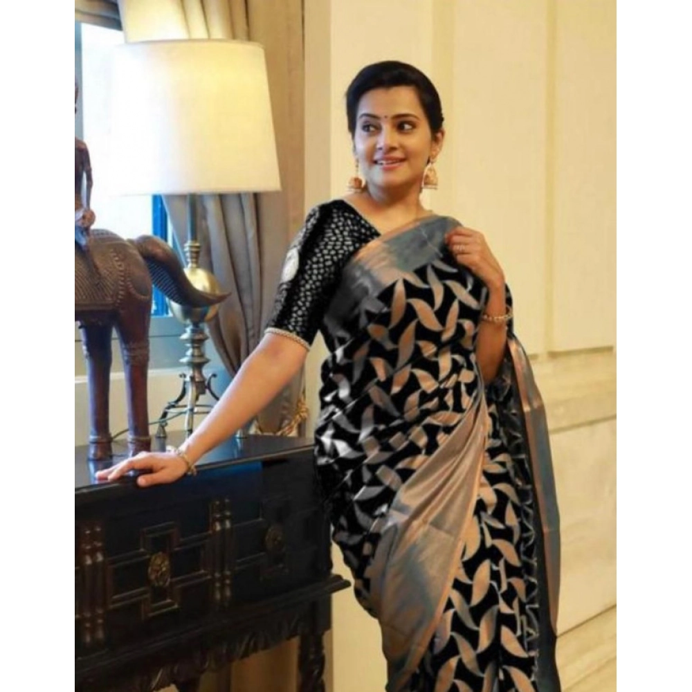 BSB233-SASYYYH-4057-BLACK-Main-1000x1000-1.webp Women's Litchi silk Printed Saree With Unstitched Blouse (Black) - Image 1