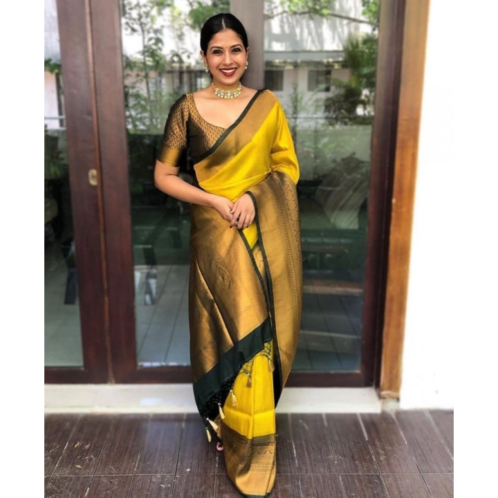 BSB233-SASYYYH-4060-YELLOW-Main-1000x1000-1.webp Women's Litchi silk Printed Saree With Unstitched Blouse (Yellow) - Image 1