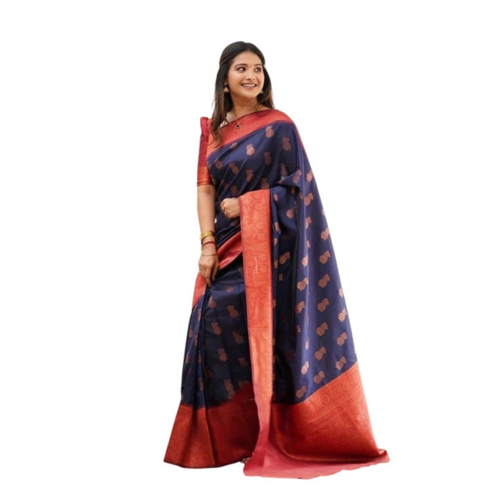BSB233-SASYYYH-4061-BLUE-Main-1000x1000-1.webp Women's Litchi silk Printed Saree With Unstitched Blouse (Blue) - Image 1