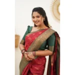 Women's Litchi silk Printed Saree With Unstitched Blouse (Red) - Image 2