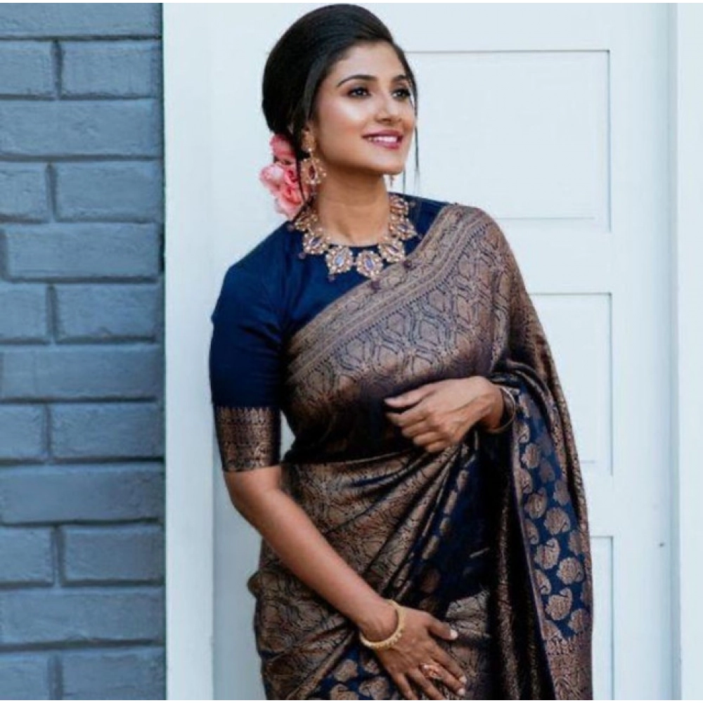 BSB233-SASYYYH-4063-BLUE-Main-1000x1000-1.webp Women's Litchi silk Printed Saree With Unstitched Blouse (Blue) - Image 1