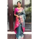 Women's Litchi silk Printed Saree With Unstitched Blouse (Blue)