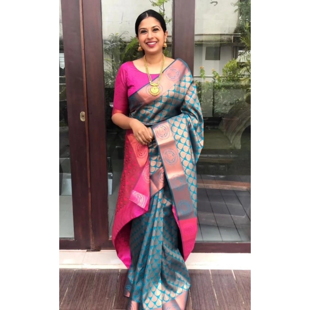 BSB233-SASYYYH-4065-BLUE-Main-1000x1000-1.webp Women's Litchi silk Printed Saree With Unstitched Blouse (Blue) - Image 1