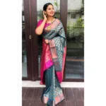 Women's Litchi silk Printed Saree With Unstitched Blouse (Blue) - Image 3
