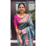 Women's Litchi silk Printed Saree With Unstitched Blouse (Blue) - Image 2