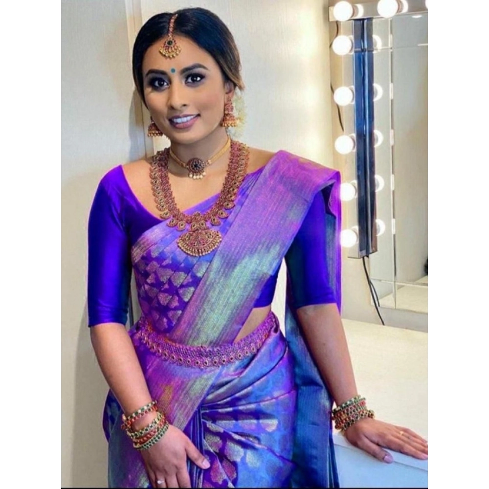 BSB233-SASYYYH-4067-BLUE-Main-1000x1000-1.webp Women's Litchi silk Printed Saree With Unstitched Blouse (Blue) - Image 1