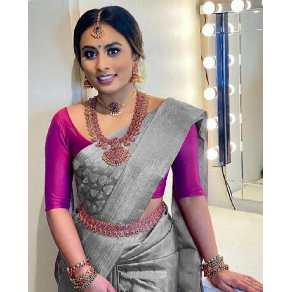 BSB233-SASYYYH-4067-GREY-Main-1000x1000-1.webp Women's Litchi silk Printed Saree With Unstitched Blouse (Grey) - Image 1