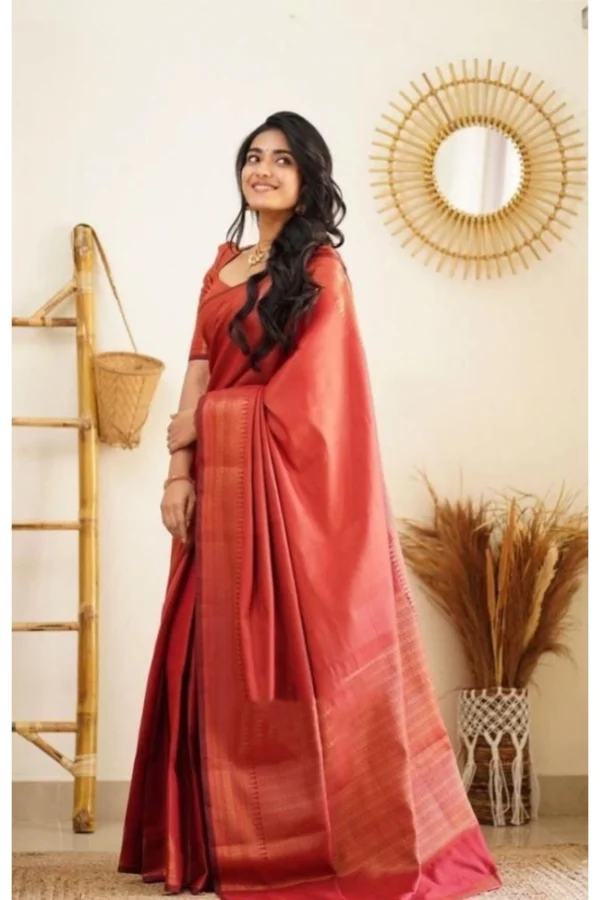 Women's Litchi silk Printed Saree With Unstitched Blouse (Red)