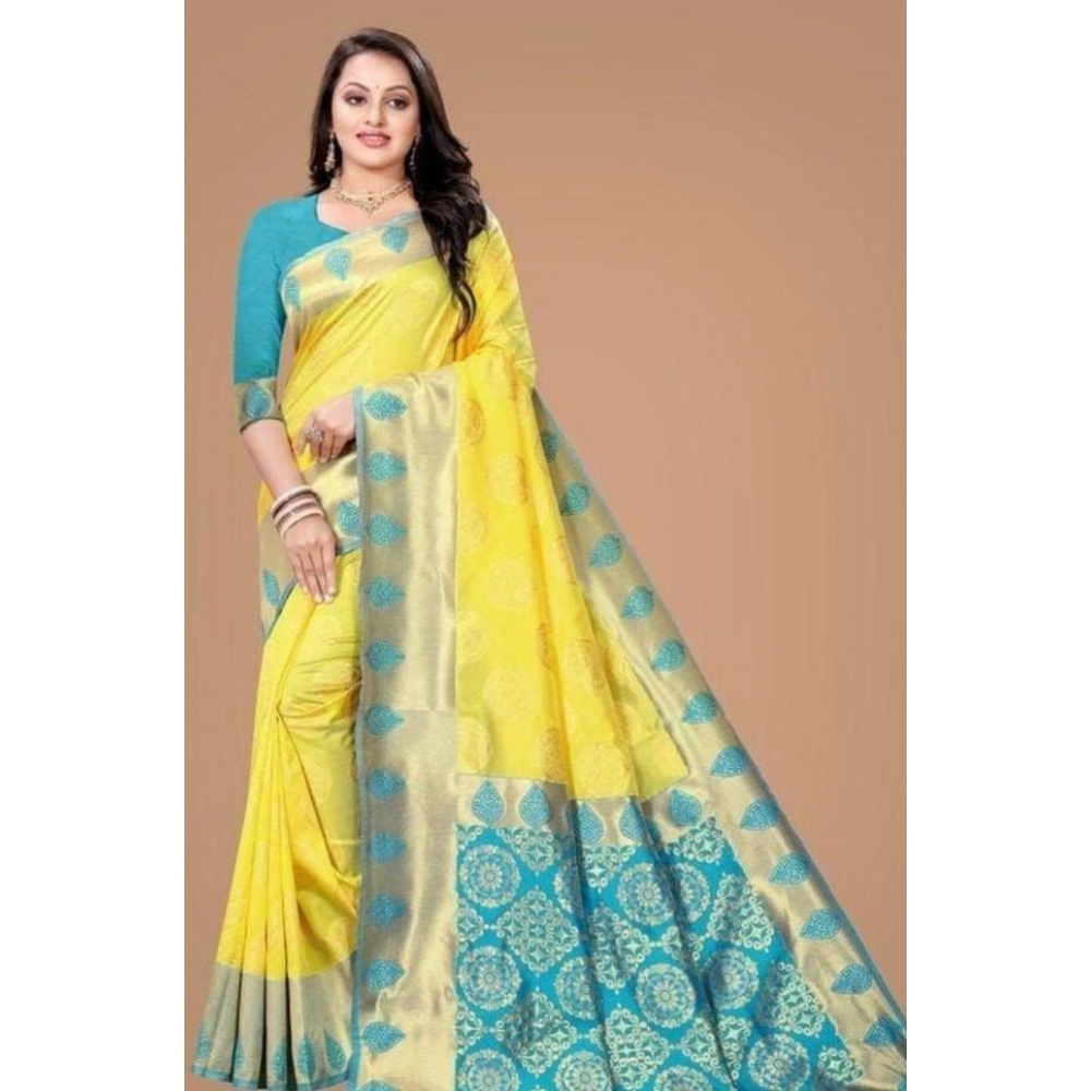 BSB233-SASYYYH-4069-YELLOW-Main-1000x1000-1.webp Women's Litchi silk Printed Saree With Unstitched Blouse (Yellow) - Image 1