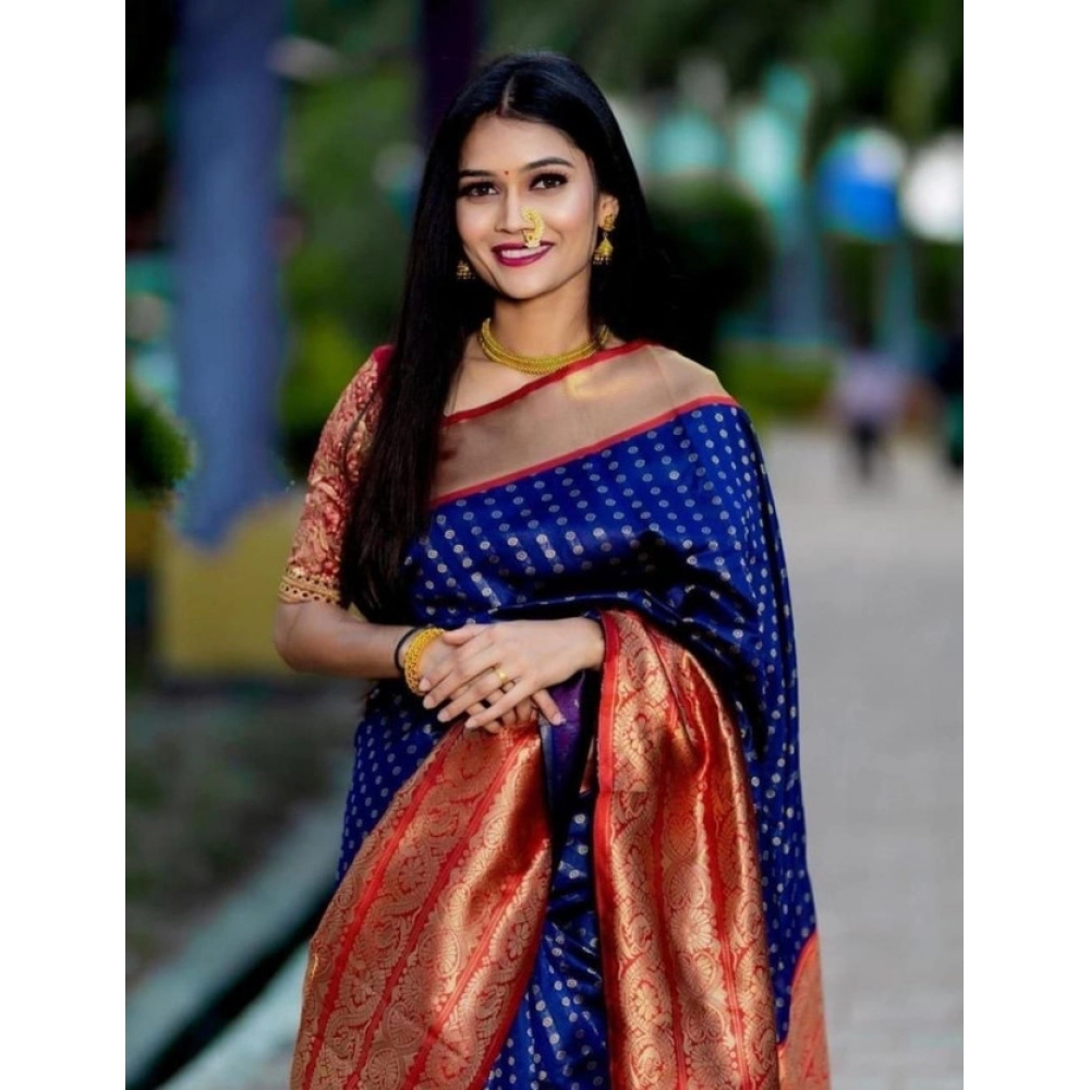 BSB233-SASYYYH-4080-BLUE-Main-1000x1000-1.webp Women's Litchi silk Printed Saree With Unstitched Blouse (Blue) - Image 1