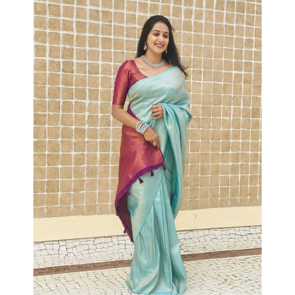 BSB233-SASYYYH-4084-BLUE-Main-1000x1000-1.webp Women's Litchi silk Printed Saree With Unstitched Blouse (Blue) - Image 1