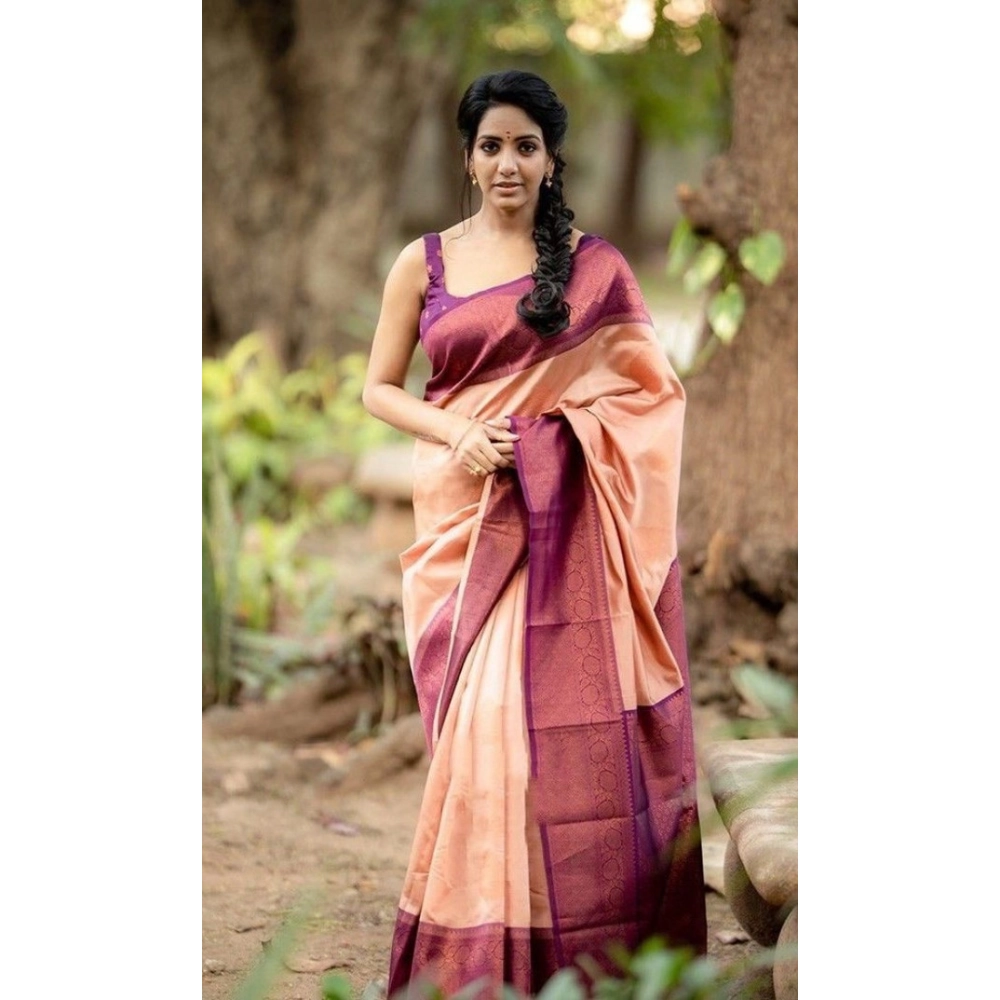 BSB233-SASYYYH-4087-BEIGE-Main-1000x1000-1.webp Women's Litchi silk Printed Saree With Unstitched Blouse (Beige) - Image 1