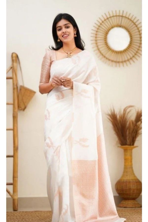 Women's Litchi silk Printed Saree With Unstitched Blouse (White)