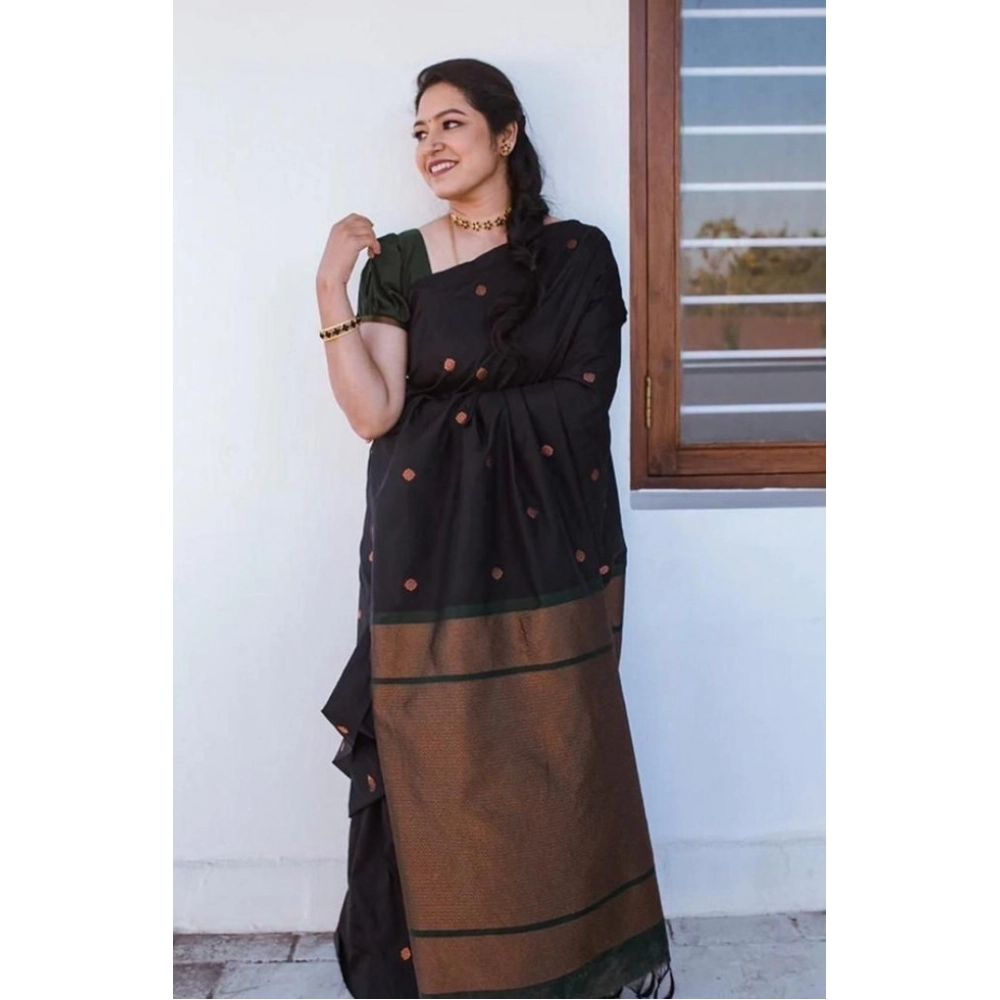 BSB233-SASYYYH-5000-Black-Main-1000x1000-1.webp Women's Litchi silk Printed Saree With Unstitched Blouse (Black) - Image 1