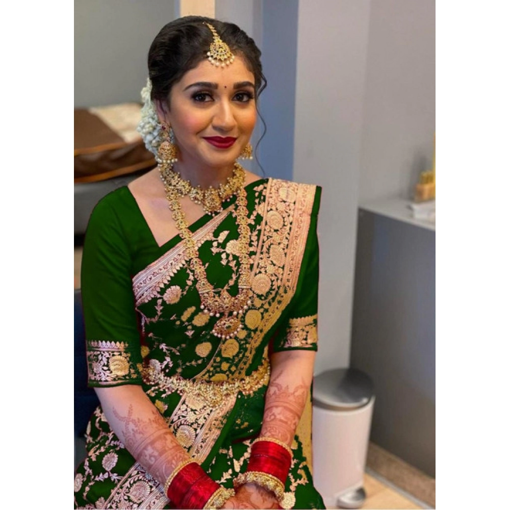 BSB233-SASYYYH-5010-green-Main-1000x1000-1.webp Women's Litchi silk Printed Saree With Unstitched Blouse (Green) - Image 1