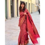 Women's Litchi silk Printed Saree With Unstitched Blouse (Red)