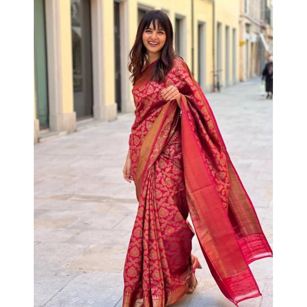 BSB233-SAs-YYYh-4093-red-Main-1000x1000-1.webp Women's Litchi silk Printed Saree With Unstitched Blouse (Red) - Image 1