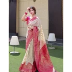 Women's Litchi silk Printed Saree With Unstitched Blouse (Half White) - Image 3