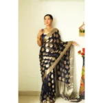 Women's Litchi silk Printed Saree With Unstitched Blouse (Black) - Image 4