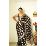 Women's Litchi silk Printed Saree With Unstitched Blouse (Black) - Image 2